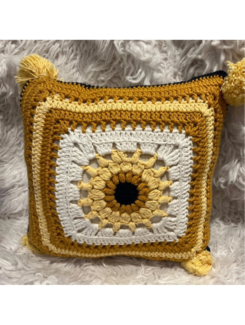 Handmade crocheted 10x10” tassel mustard yellow navy pillow